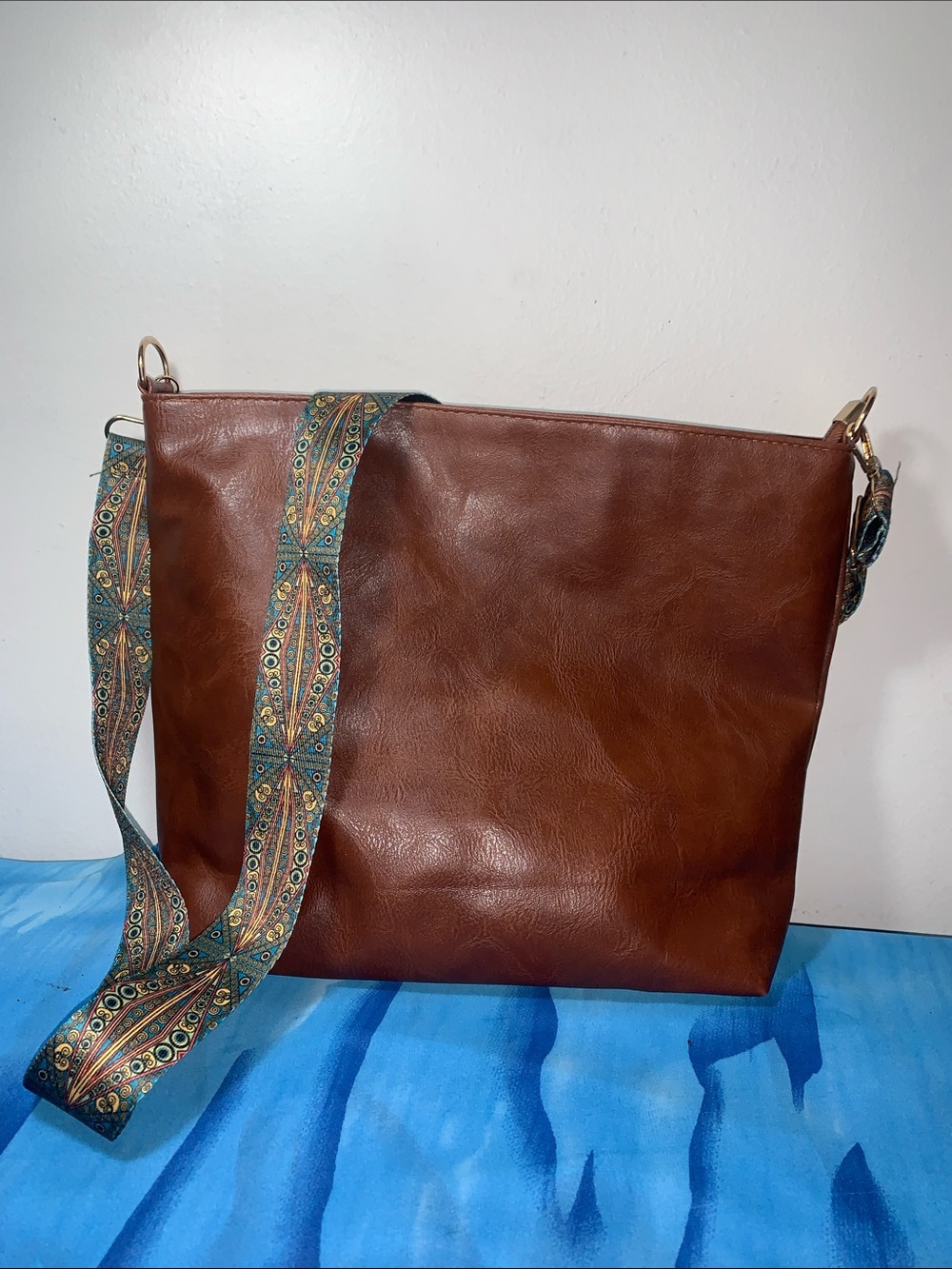 Brown Vegan Leather Crossbody Purse  with Patterned Strap